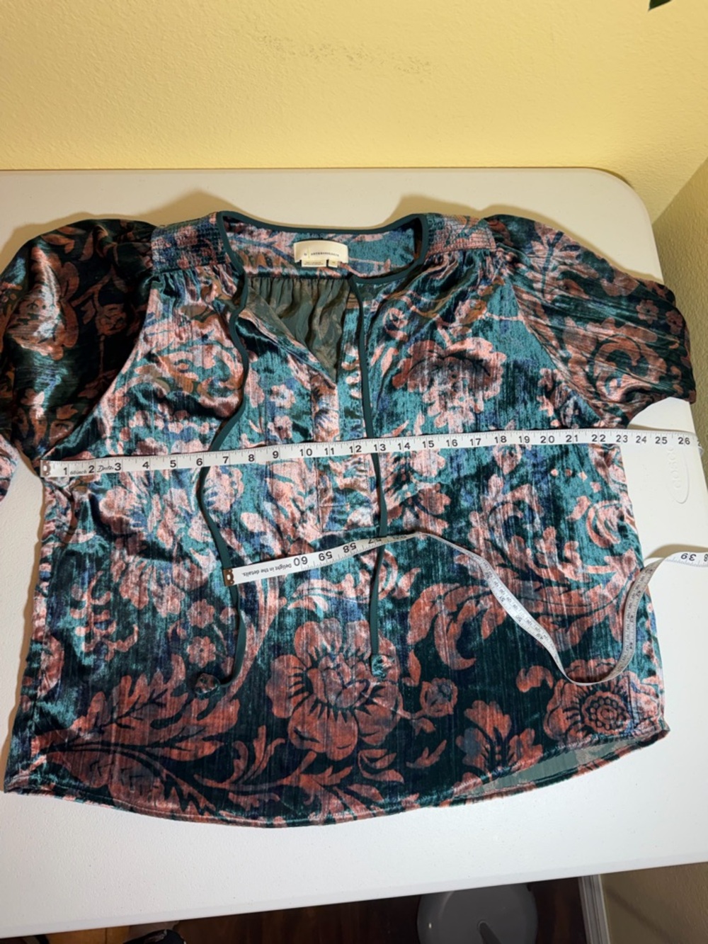 Anthropologie Velvet Floral Blouse – Boho Romantic Top, Teal With Pink, Shiny - Picture 2 of 8
